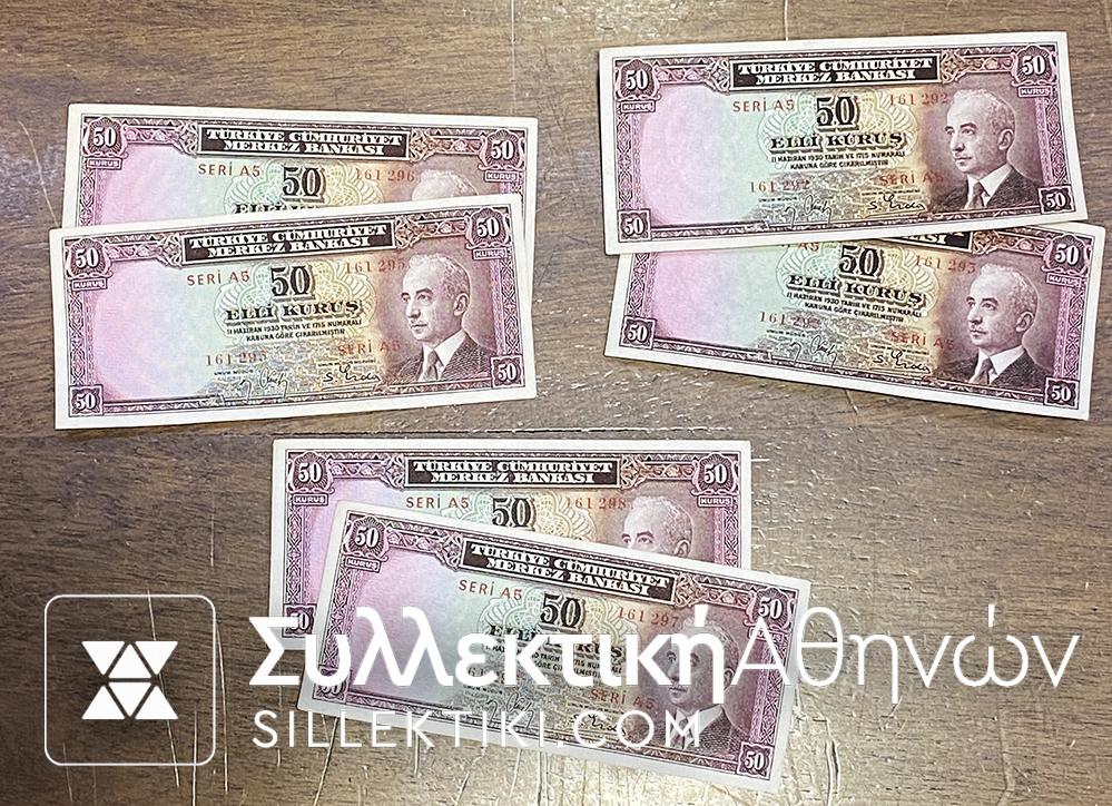 TURKEY 2 Con. Numbers of 50 Kurus 1930 UNC